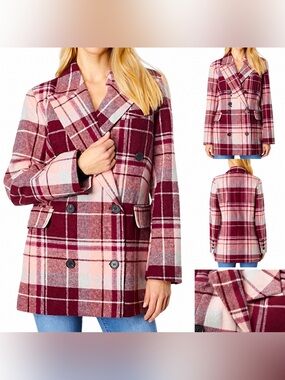 7 For All Mankind Plaid Double Breasted Coat Jacket Burgundy Pink Size Medium